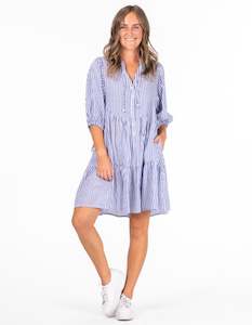 Relaxed Fit Dresses: Eliza Button Front V Neck Dress in Blue/White Stripe