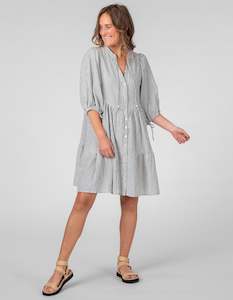 Eliza Button Front V Neck Dress in Green Stripe