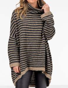 Jumpers And Cardigans: Monika Oversize Knit Jumper in Black/Mocha Stripe