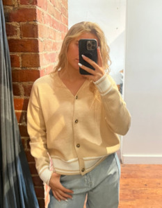 Jumpers And Cardigans: Mira V-Neck Contrast Trim Button-Up Cardigan in Beige