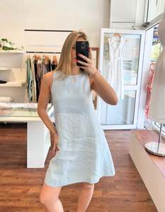 New Arrivals: Apex A Line Sleeveless Linen Shift Dress in Light Blue