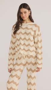 Mink Pink Brooke Crochet Wave Sweater Brown/White