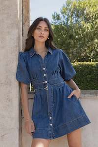 Among The Brave Sundown Storm Blue Denim Puff Sleeve Mini Shirt Dress