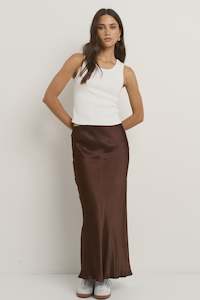 Ivy + Jack Rosette Satin Bias Midi Skirt Chocolate