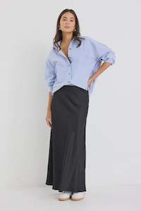 Stories Be Told Prodigy Black Satin Bias Maxi Skirt