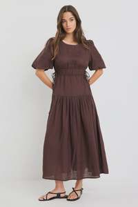 Among The Brave Glory Chocolate Linen Puff Sleeve Midi Dress Chocolate