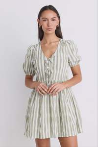 Ivy + Jack Frontier Khaki Stripe Puff Sleeve Tie Mini Dress
