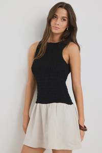 Best Sellers: Re: Union Laurel Black Natural Sleeveless Shirred Bodice Mini Dress