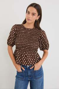 Among The Brave Requite Chocolate Polka Dot Shirred Body SS Top
