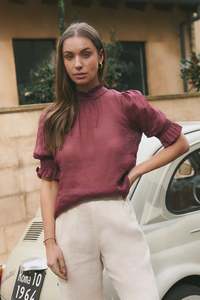 Among The Brave: By Rosa Verse Burgundy Plum Sheer High Neck Top