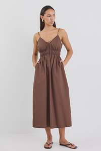 Among The Brave: Among The Brave Cast Chocolate Cotton Strappy Midi Dress