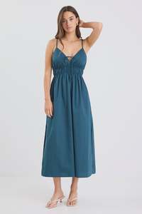 Among The Brave Cast Petrol Cotton Strappy Midi Dress