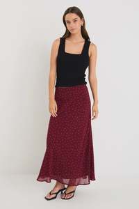 Products: Stories Be Told Emporium Burgundy Polka Dot Satin Bias Midi Skirt