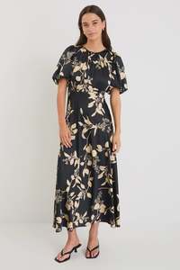 Stories Be Told Stage Black Beige Floral Satin Puff Sleeve Floaty Maxi Dress