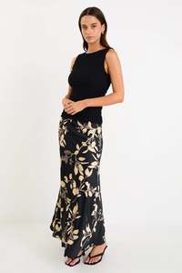 Stories Be Told Prodigy Black Beige Floral Satin Bias Cut Maxi Skirt