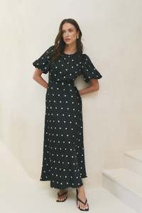 Stories Be Told Stage Black Polka Dot Puff Sleeve Floaty Maxi Dress