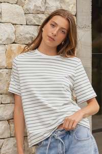 Re:Union Binding Khaki White Stripe Boxy Fit Tee