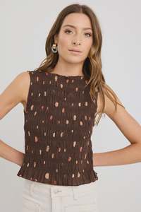 Stories Be Told Forsaken Chocolate Multi Polka Dot Shirred Sleeveless Shell Top