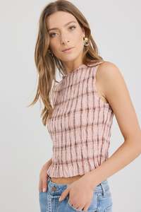 Stories Be Told Forsaken Blush Check Shirred Sleeveless Shell Top