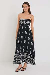 Stories Be Told Sundeck Black Border Print Strappy Maxi dress