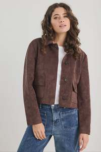 Womens Outerwear: Among The Brave Chocolate Mock Suede Button Front Cropped Jacket Chocolate