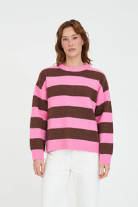 Knitwear: Huffer Kenzie Stripe Knit Crew Petal/Chestnut