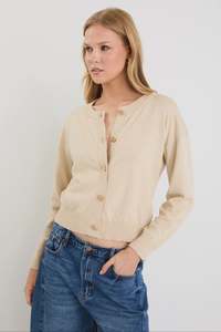 Knitwear: Ivy + Jack Delight Champagne Cotton Cashmere Fine Knit Crew Cardigan