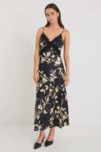 Stories Be Told Region Lace Trim Maxi Dress Black Beige Floral