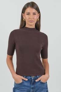 Among The Brave Contour Chocolate Funnel Neck Short Sleeve Knitted Top