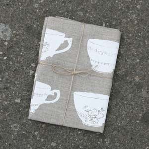 Tea Towels: Tea cup natural linen tea towel