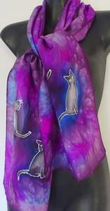 Cats Dogs Horses Other Animals Hand Painted Silk Scarves: Cats on Purple and Cerise -  Animal Hand painted Silk Scarf