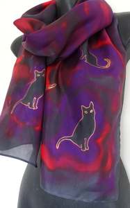 Cats scarf Red, Purple and Black -  Animal Hand painted Silk Scarf