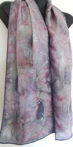Silver/ Grey Cats  - Animal Hand painted Silk Scarf