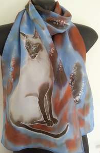 Cats Dogs Horses Other Animals Hand Painted Silk Scarves: Siamese Cat  - Animal Hand painted Silk Scarf