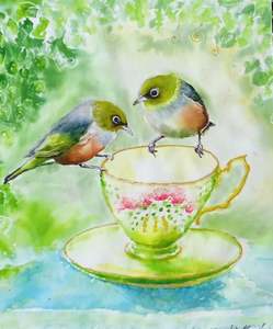 Anything: SilverEyes on Teacup - Outdoor Art Panel 25cm x 22cm