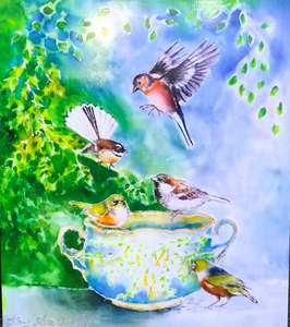 Small birds, SilverEyes, Chaffinch, Fantail and Sparrow on Vintage China - Outdo&hellip;