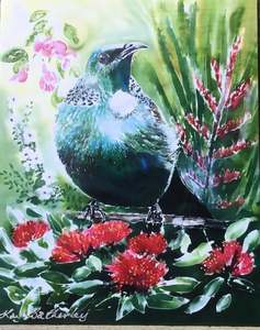Tui with Pohutukawa, Manuka, Flax and Puriri Squarish - Outdoor Art Panel