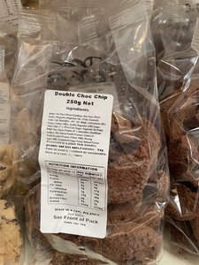 Products: 250g pack of Broken Double Choc Chip Cookies