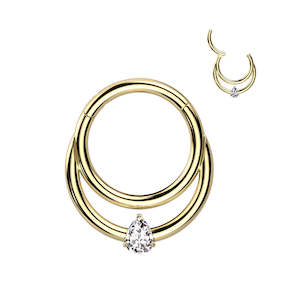 Gold Double Lined Tear Drop Titanium Hinged Ring