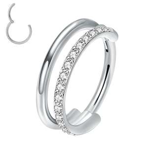 Silver CZ Double Hoop Single Pave Titanium Hinged Ring