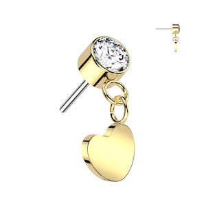Flat Piercing Jewellery: Gold CZ Dangly Heart Titanium Threadless Top