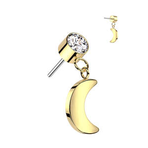Gold Dangly Moon CZ Titanium Threadless Top