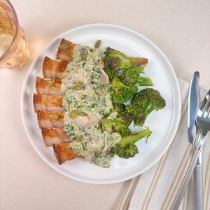 Pork Chop with Creamy Spinach, Mushroom & Grilled Broccoli
