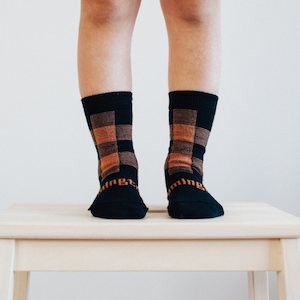 Lamington Socks: Lamington Crew Shorter Maverick Kids Merino Socks Black Tan Checks ages to 8 years