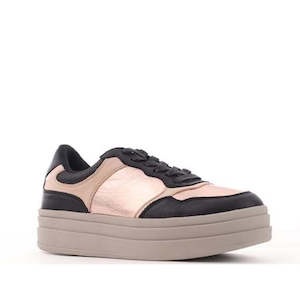 Alfie Evie: Alfie & Evie Isaac Black Leather Womens Platform Sneaker Rose Gold