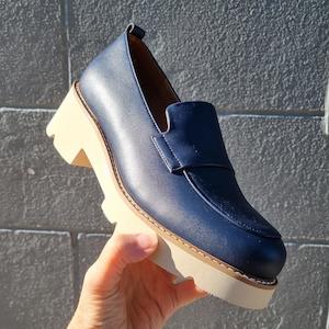 Wedges And Heels: One Trick Pony Newness Navy  Leather Womens Loafer
