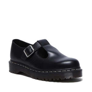 School: Dr Martens Bex Polley T-Bar Shoe Black Smooth White Stitch