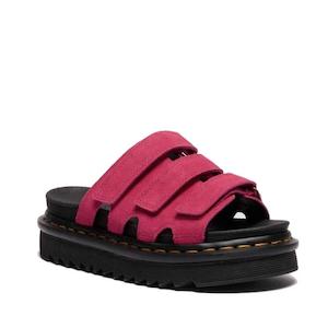 Dr Martens Sandals: Dr Martens Raine Fuchsia Pink Greasy Suede Leather Slides