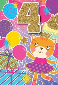 Birthday Party Invitations And More: Party Age | Glitter Cat 4 yrs girl Birthday Card