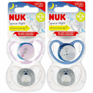 Bottles Feeding Etc: NUK - Space Night Silicone Soother 18-36mthd 2pc - Fox & Firefly